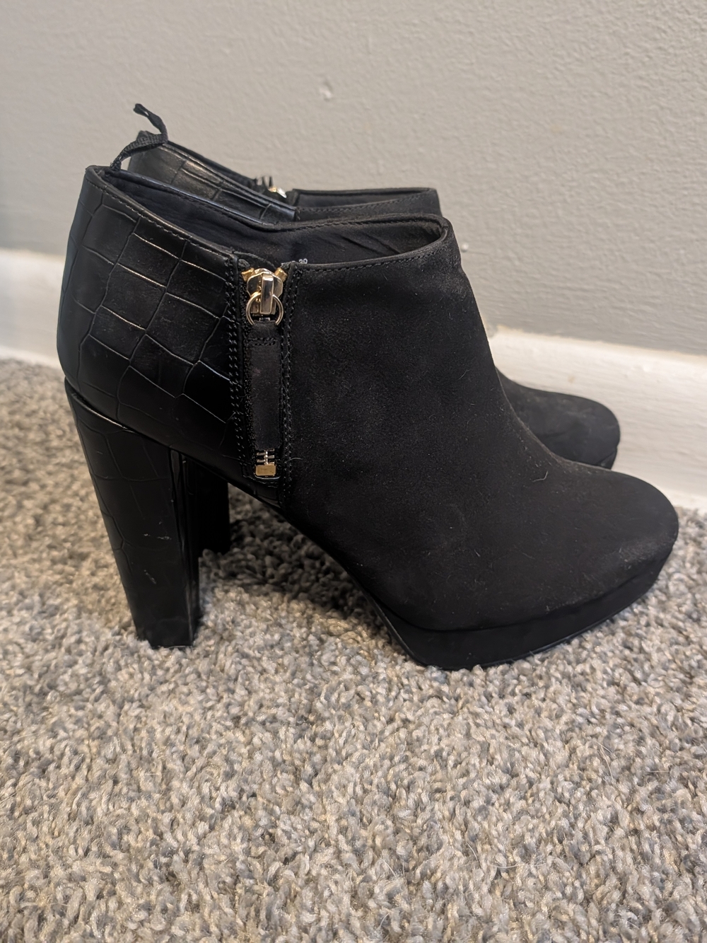 H&M Black Suede-Look Ankle Booties with Croc-Embossed Heel